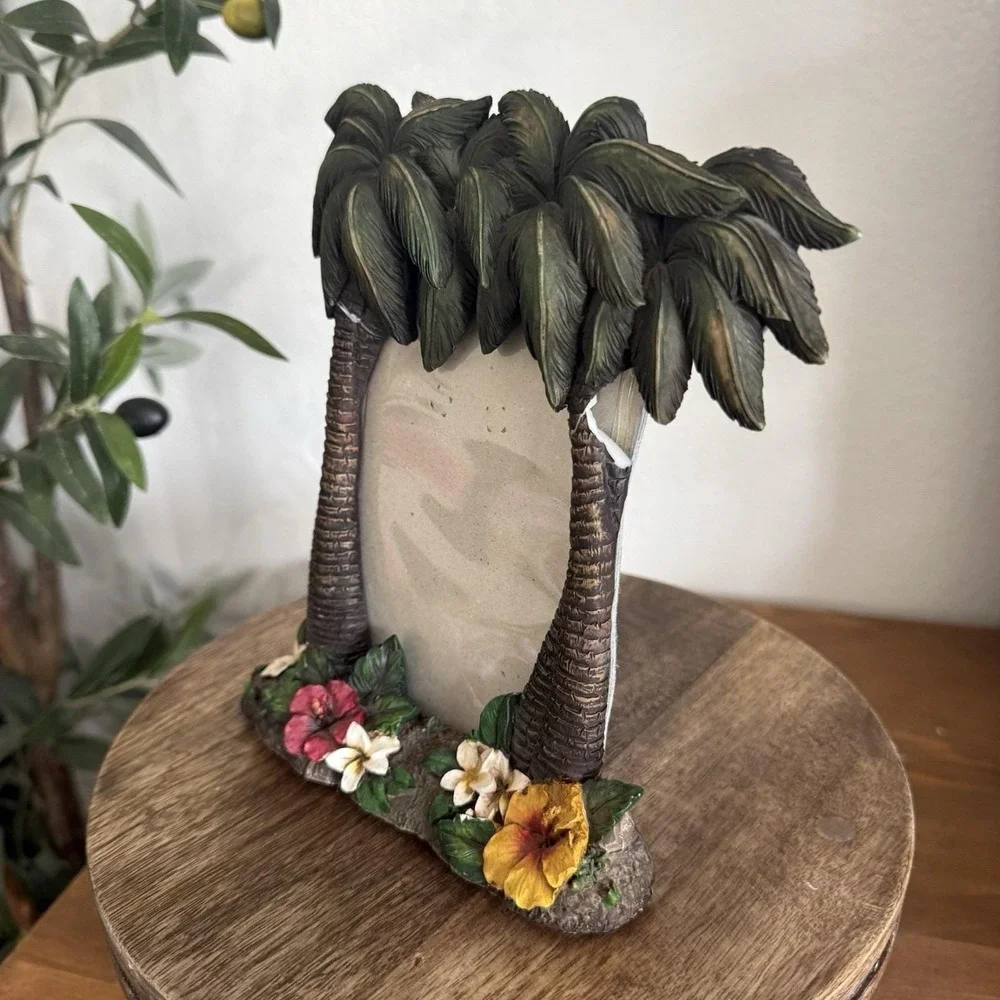 Vintage Tropical Beach Palm Tree 4x6 Ceramic Picture Frame Hibiscus Hawaii Decor
